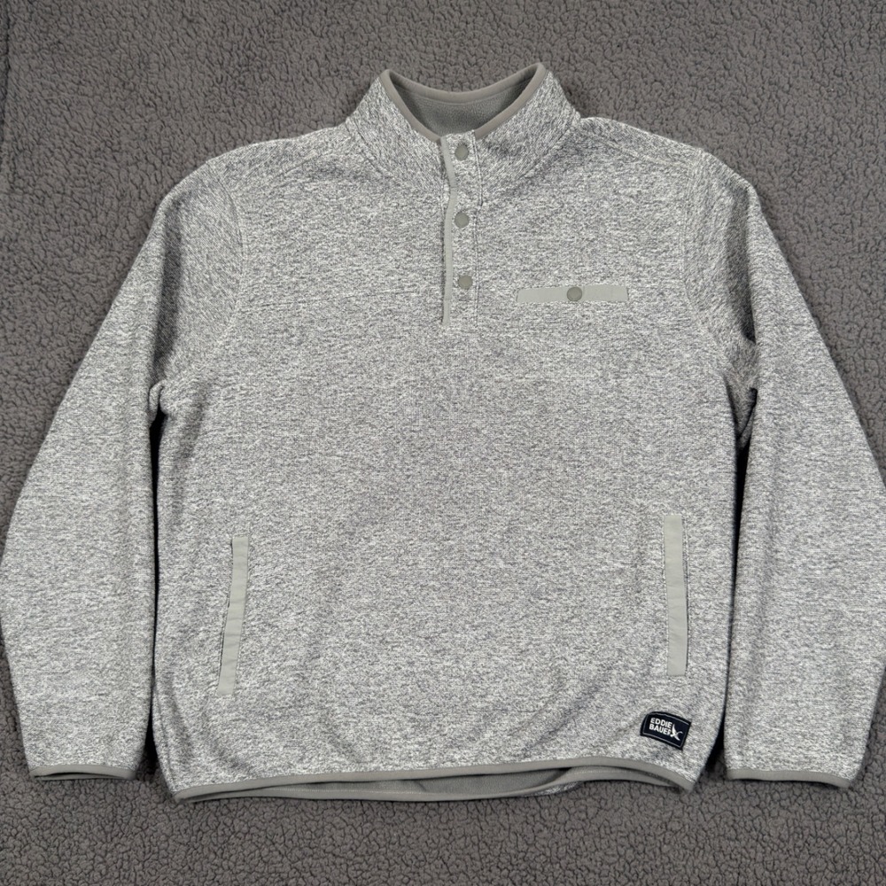 Eddie Bauer Sweater Mens XL Gray Fleece Pullover Outdoor Quarter Snap Jacket